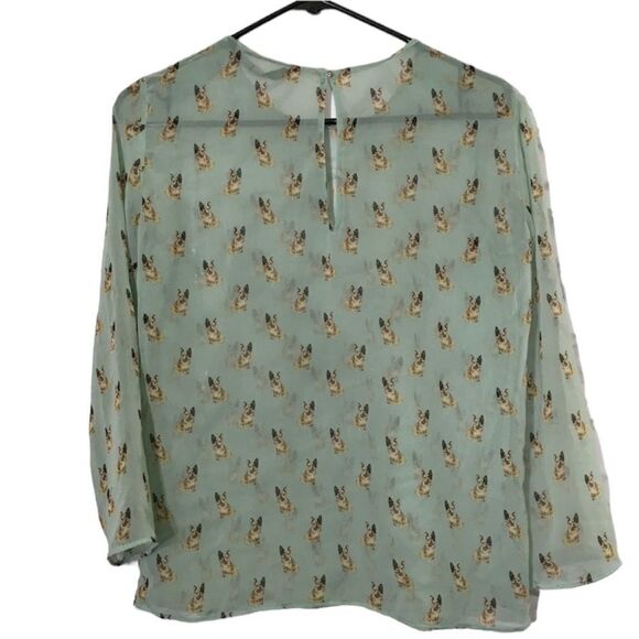 ZARA FRENCH BULLDOG PRINT NOVELTY SHEER CHIFFON STUDDED SHOULDER MINT BLOUSE S - Picture 8 of 12